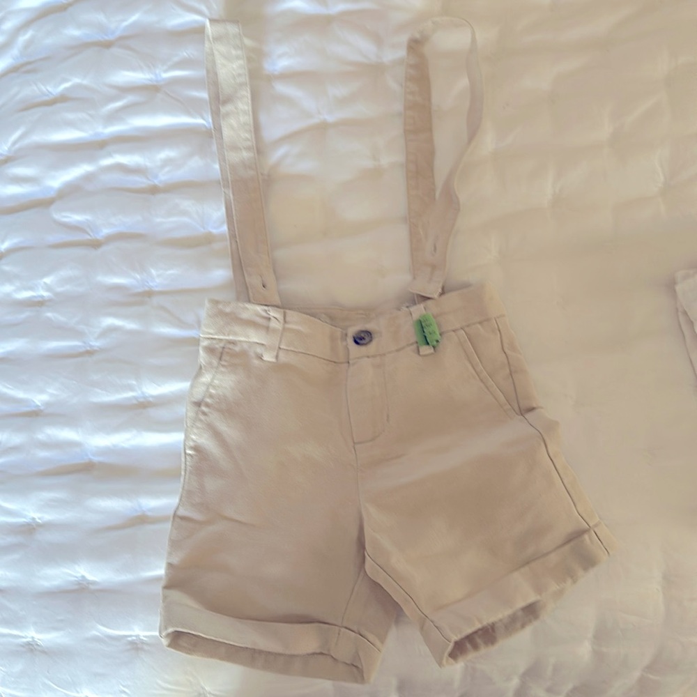 Janie & Jack Boys Linen-Cotton Suspender Shorts Size 2T khaki Adjustable